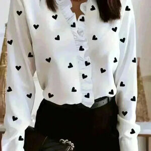 White Heart Print Ruffle Trim Elegant V Neck Long Sleeve Blouse XXL/14